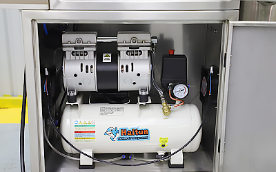 Secador de spray pequeno de laboratório com filtro detalhe - Compressor de ar isento de óleo importado embutido, baixo ruído, menos de 60db.